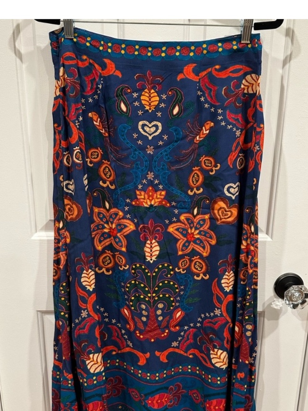 New Anthropologie Farm Rio Indigo Blue Boho Beach Floral Satin Slip Midi Skirt M - Picture 9 of 9